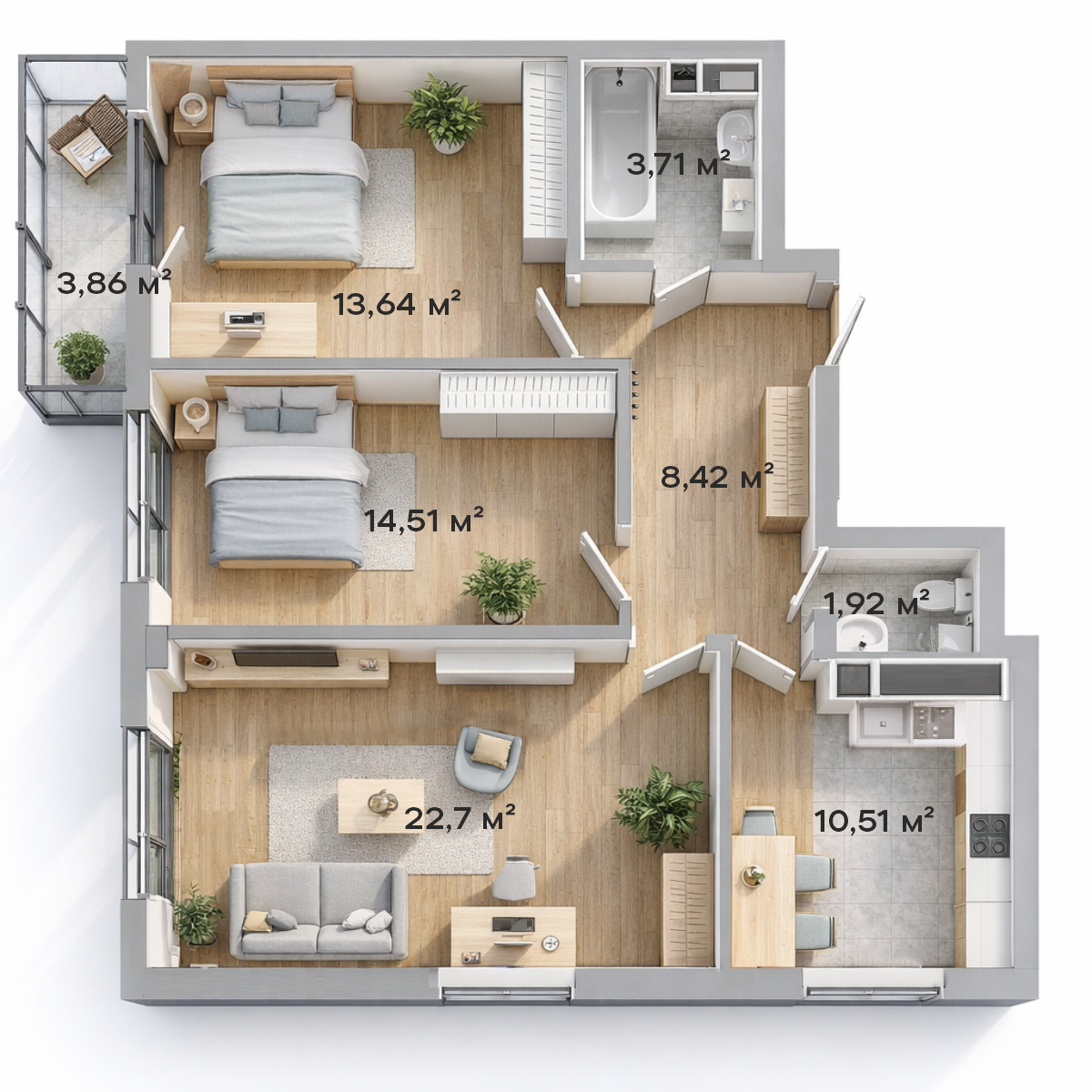 3-комнатная · 76,57 м²
