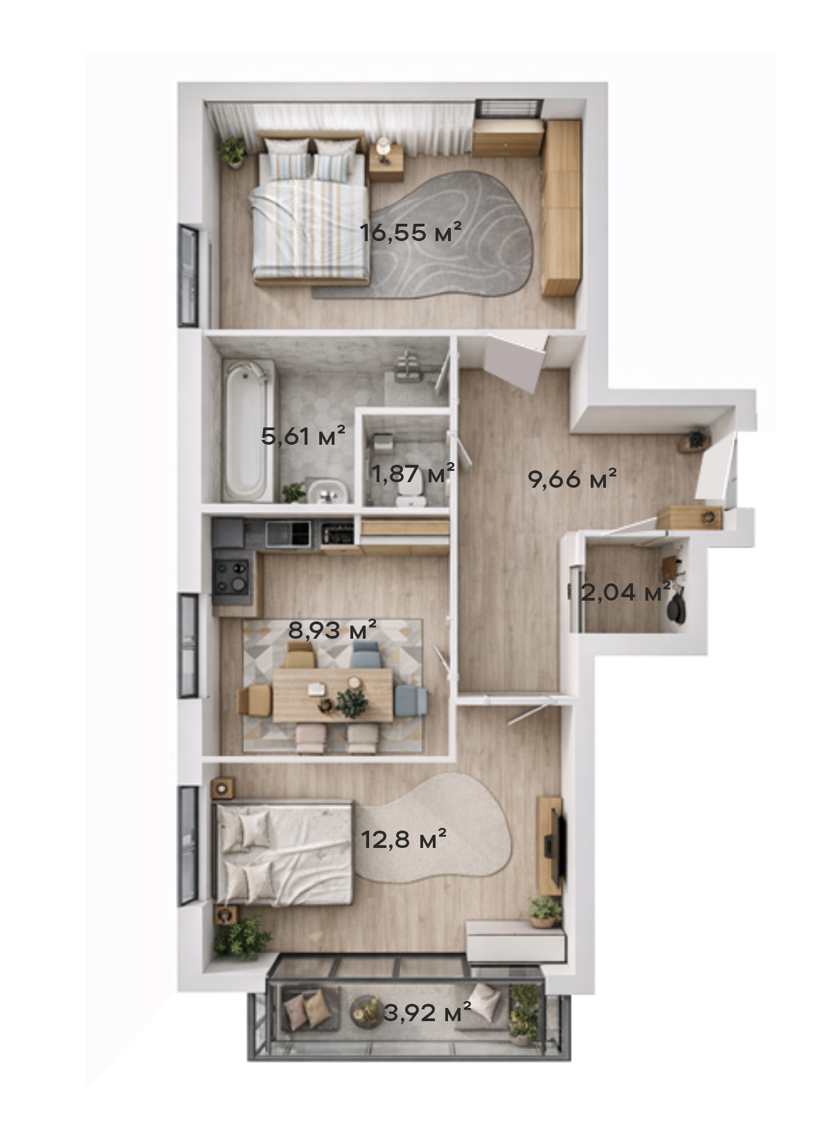 Планировка 2-комнатная 58,64 м²