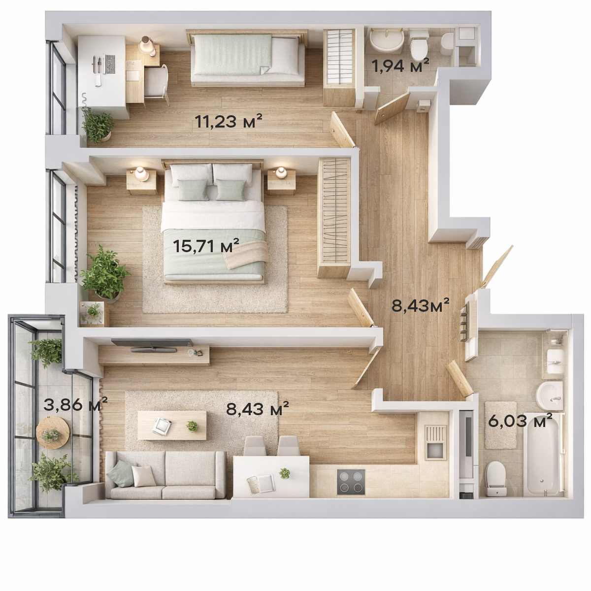 Планировка 2-комнатная 62,27 м²