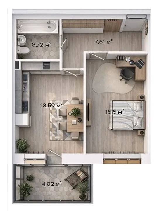 1-комнатная · 41,63 м²