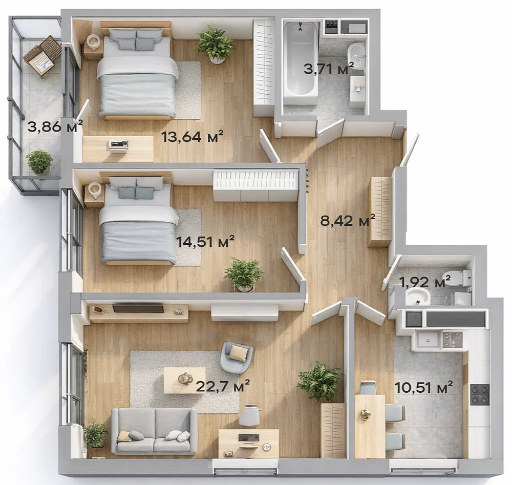 3-комнатная · 76,57 м²