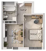 Планировка 1-комнатная 34,36 м²