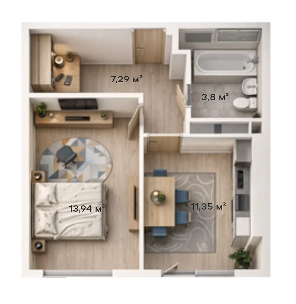 1-комнатная · 36,38 м²